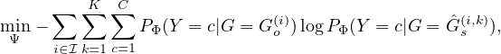          K  C
min - ∑  ∑  ∑  PΦ(Y = c|G = G (i))logP Φ(Y = c|G = Gˆ(i,k)),
 Ψ    i∈I k=1 c=1               o                   s
       